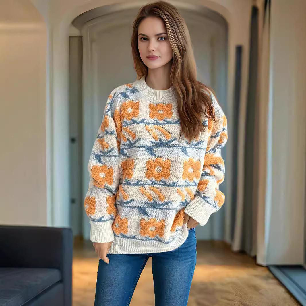 Kvindernes hyggelige strikket sweater med blomster 3D-applikationer Stilla