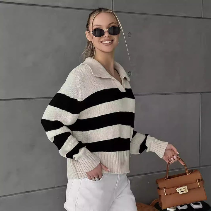 Kvinders sporty sweater med stribet mønster og krave Stilla