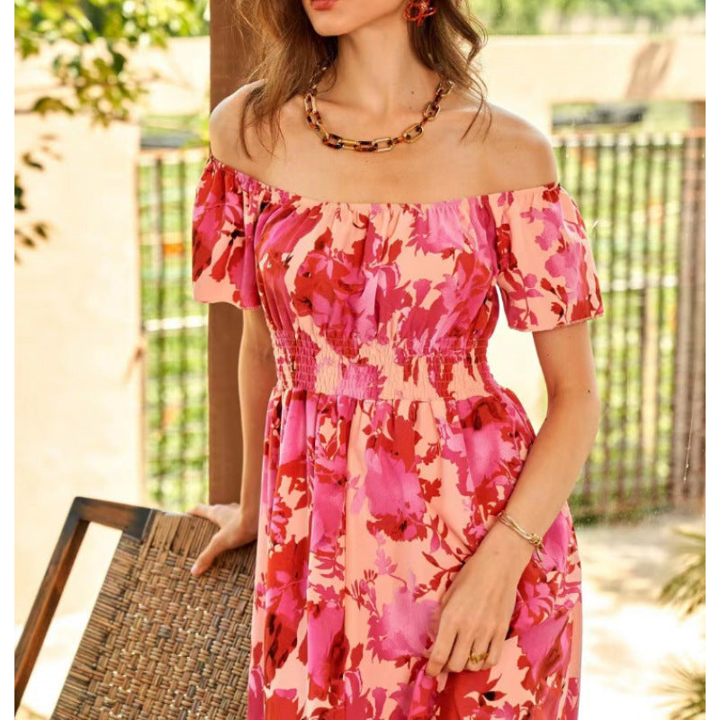 Dame Off-Shoulder Midi Kjole i floral design med elastisk overdel og voluminøs nederdel Skovae