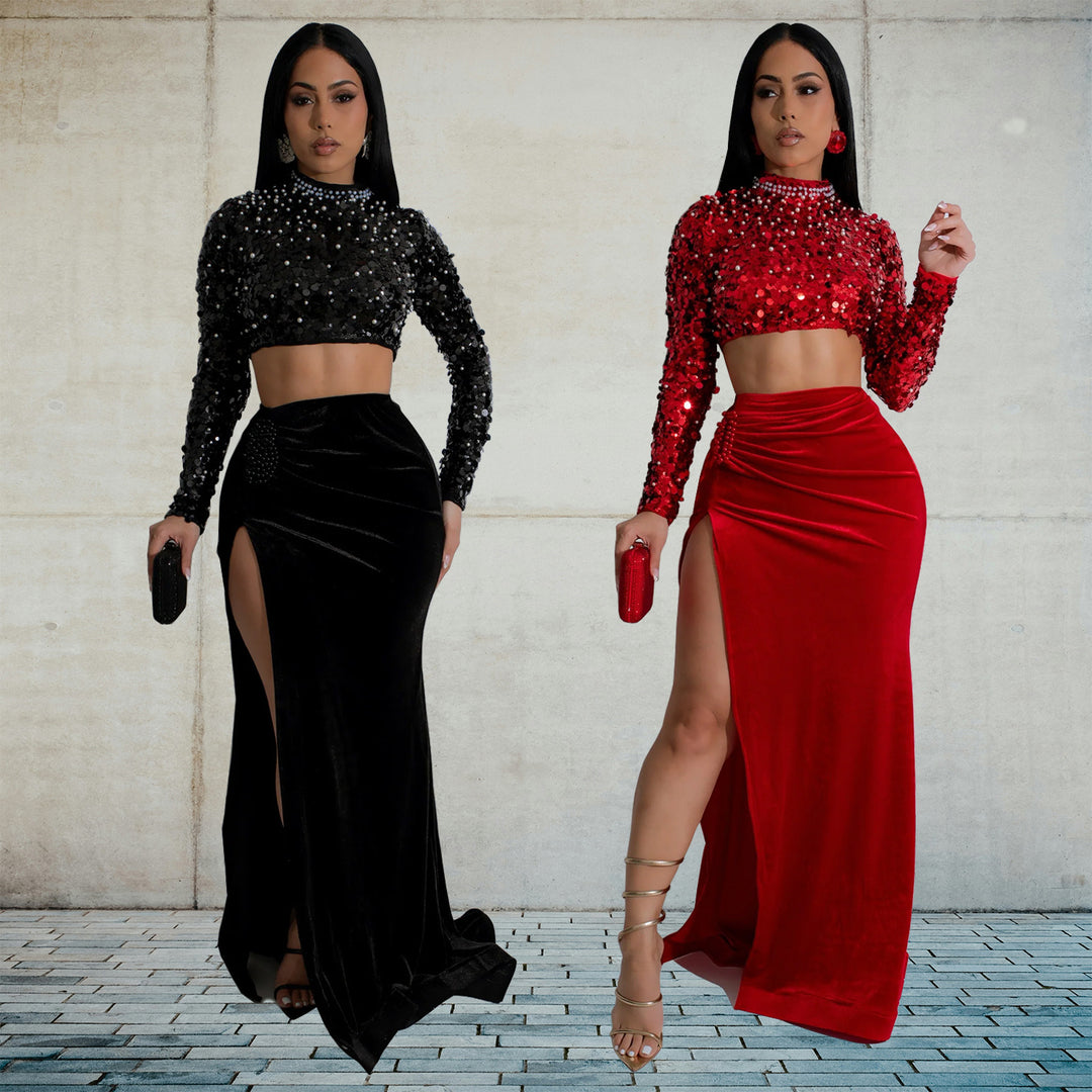Dame Glitrende Crop-Top med lange ærmer og elegant Maxi-nederdel Kombination Stilla