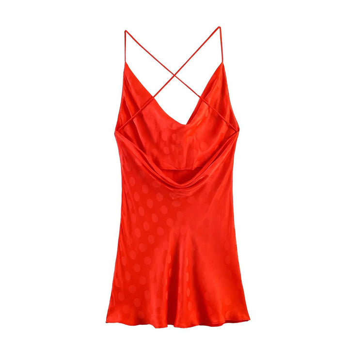 Dame spaghetti stropkjole med elegant drapering og fint polka-dot mønster Skovae