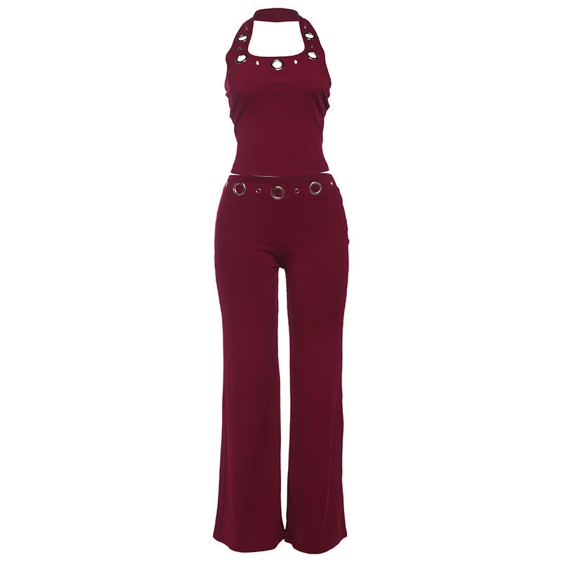Damen Modischer Jumpsuit mit dekorativem Halterkragen und Gürteldetails Skovae