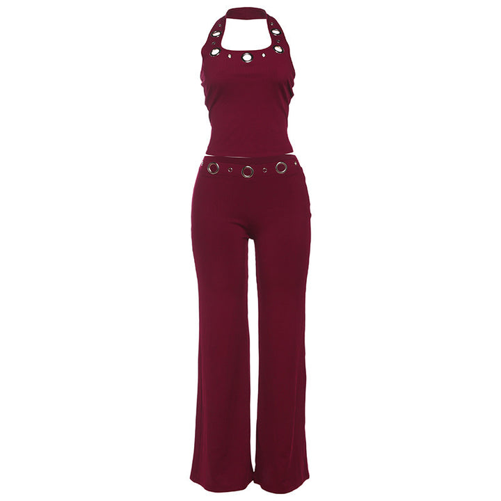 Damen Modischer Jumpsuit mit dekorativem Halterkragen und Gürteldetails Skovae