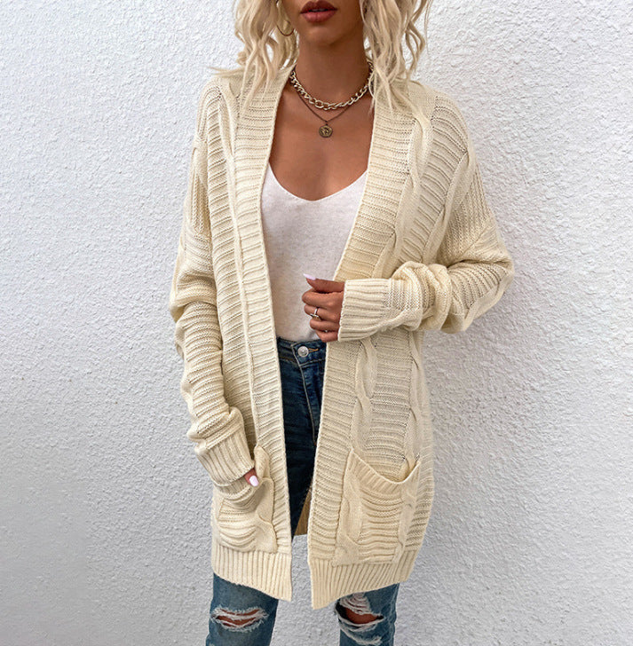 Kvinders chunky strikket cardigan med lommer og åbent frontdesign Stilla