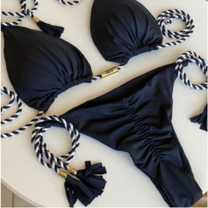 Dame triangel-bikini med moderne leopardmønster og dekorative frynser Skovae