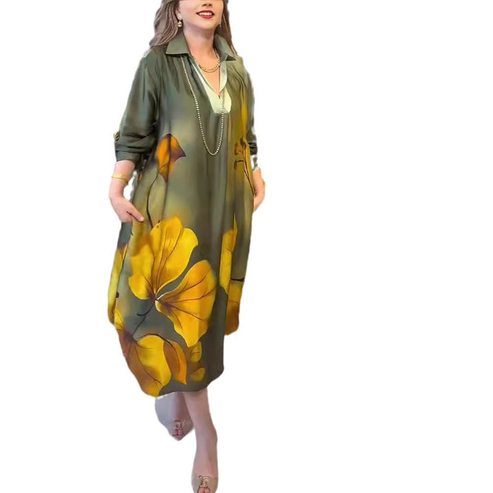 Dame nan oversized skjortekjole i A-linje-snit med skjortekrave og stort blomsterprint Skovae
