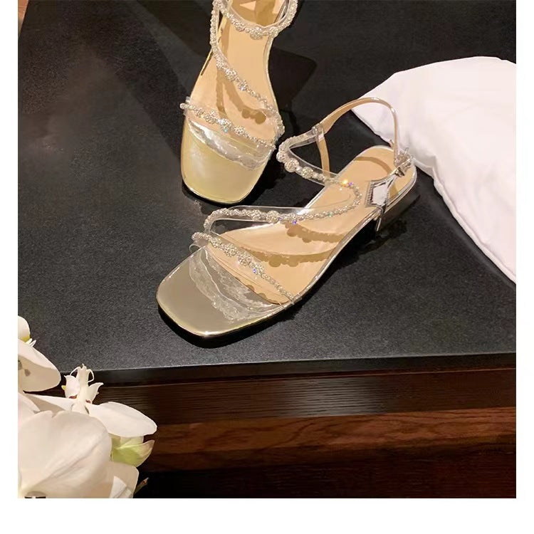 Dame Strass Sandaler med transparent remdesign og komfortabel blokhæl Stilla