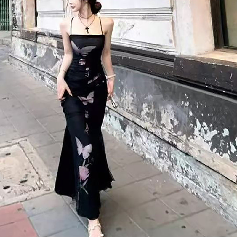 Damer elegant indpakningskjole med blomster sommerfugleprint og justerbare spaghetti stropper