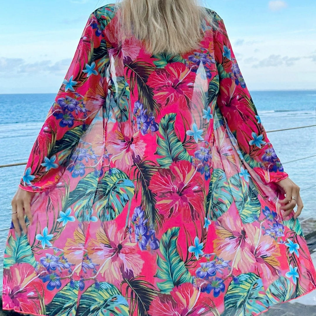 Dame ærmeløs bikini-sæt med floralt kimono og moderigtige shorts Skovae