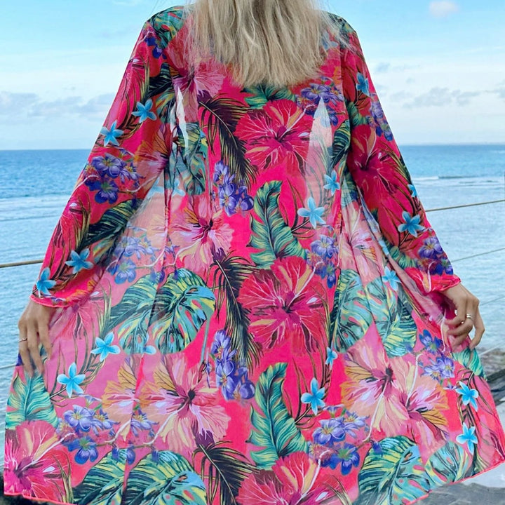 Dame ærmeløs bikini-sæt med floralt kimono og moderigtige shorts Skovae