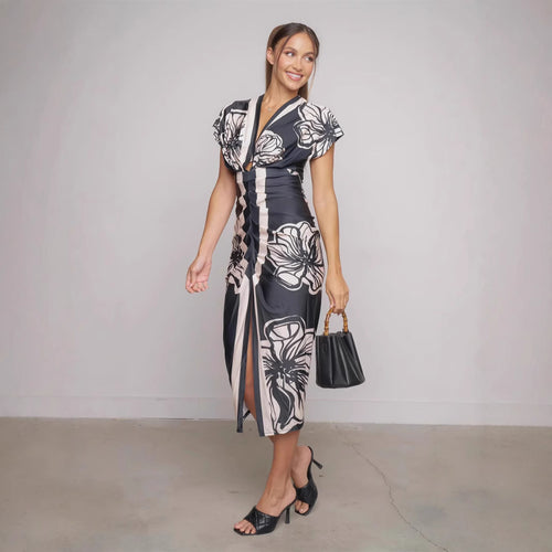 Dame Midi-kjole med blomstret design og elegant split Stilla