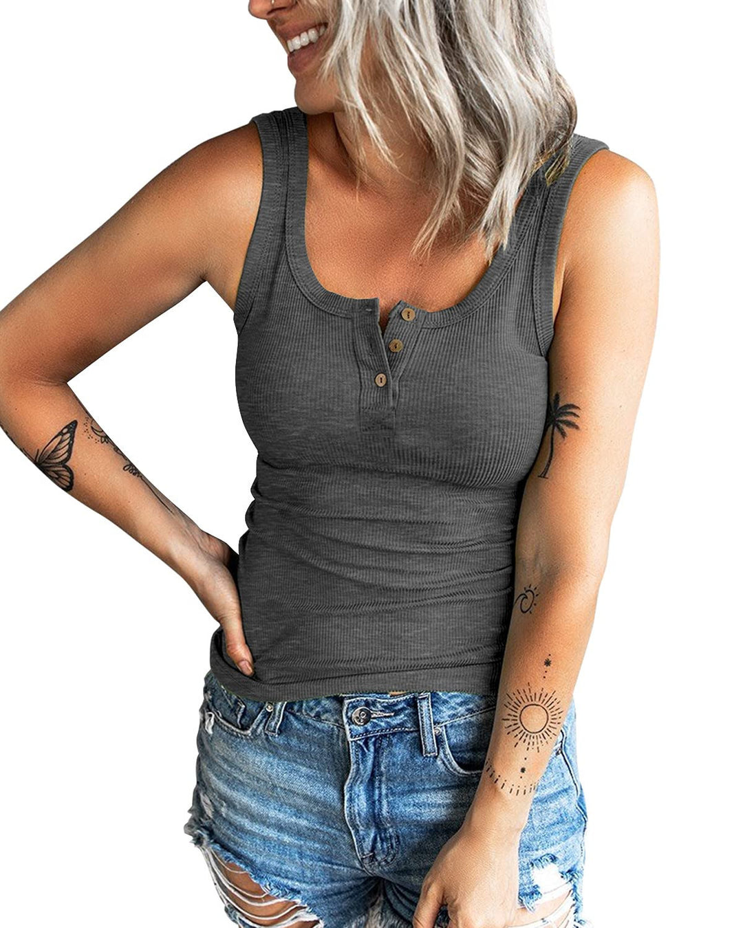 Dame Ribstrik Knap-Op Tanktop Stilla