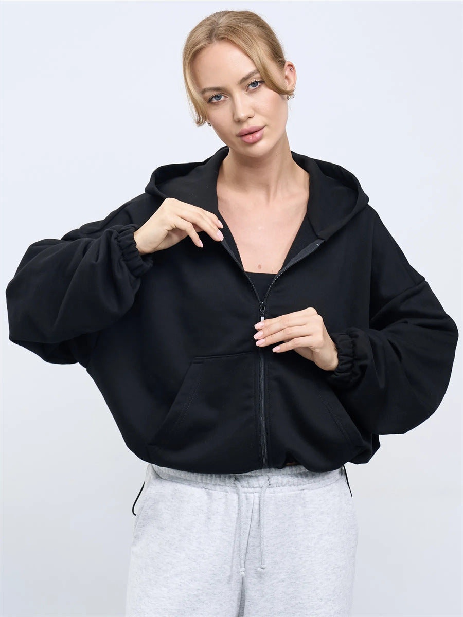 Kvinder casual cropped hoodie med voluminøse ærmer Skovae