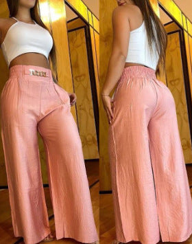 Dame bred Palazzo-bukser med elastisk talje og fashionabelt bælte Stilla