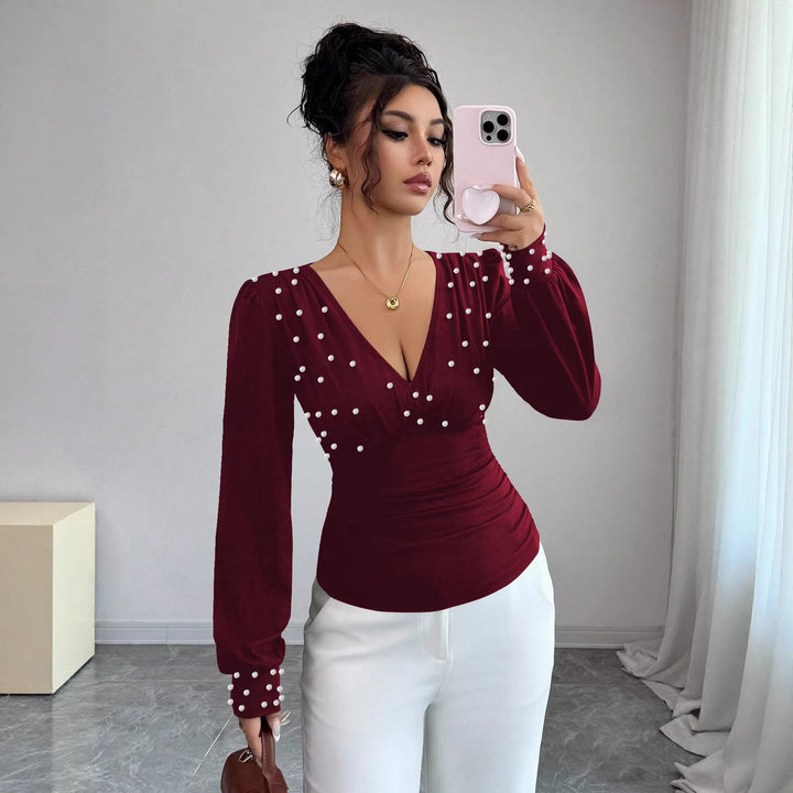 Kvinders elegante bluse skjorte med V-hals og dekoration Stilla