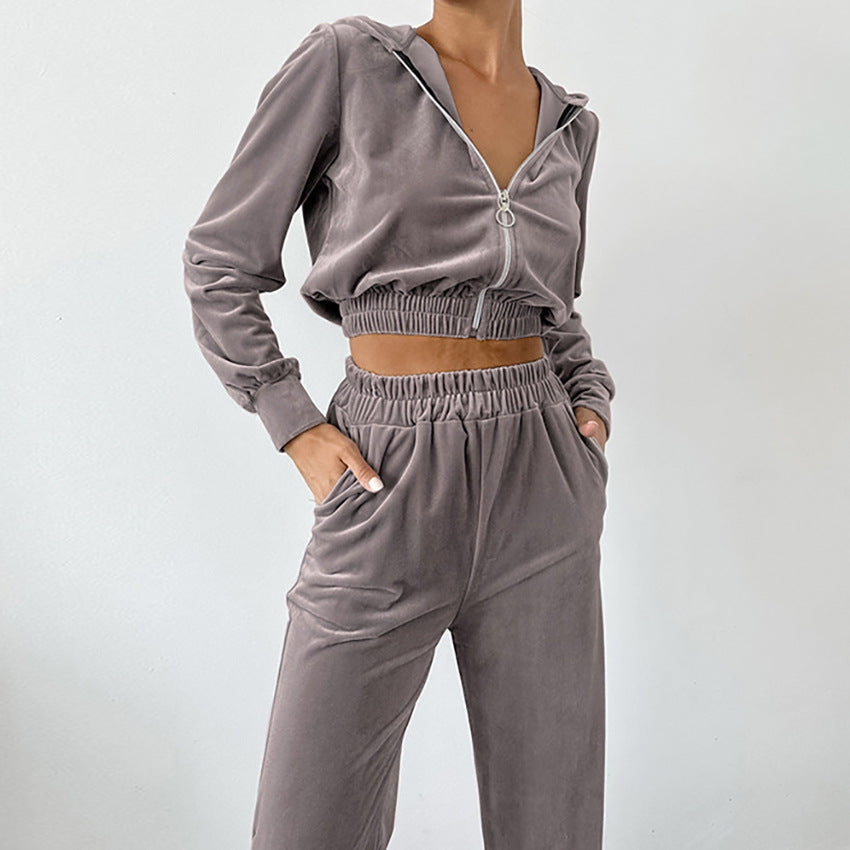 Dame Sporty Velour Sæt med Hætte og Bred Ben Stilla