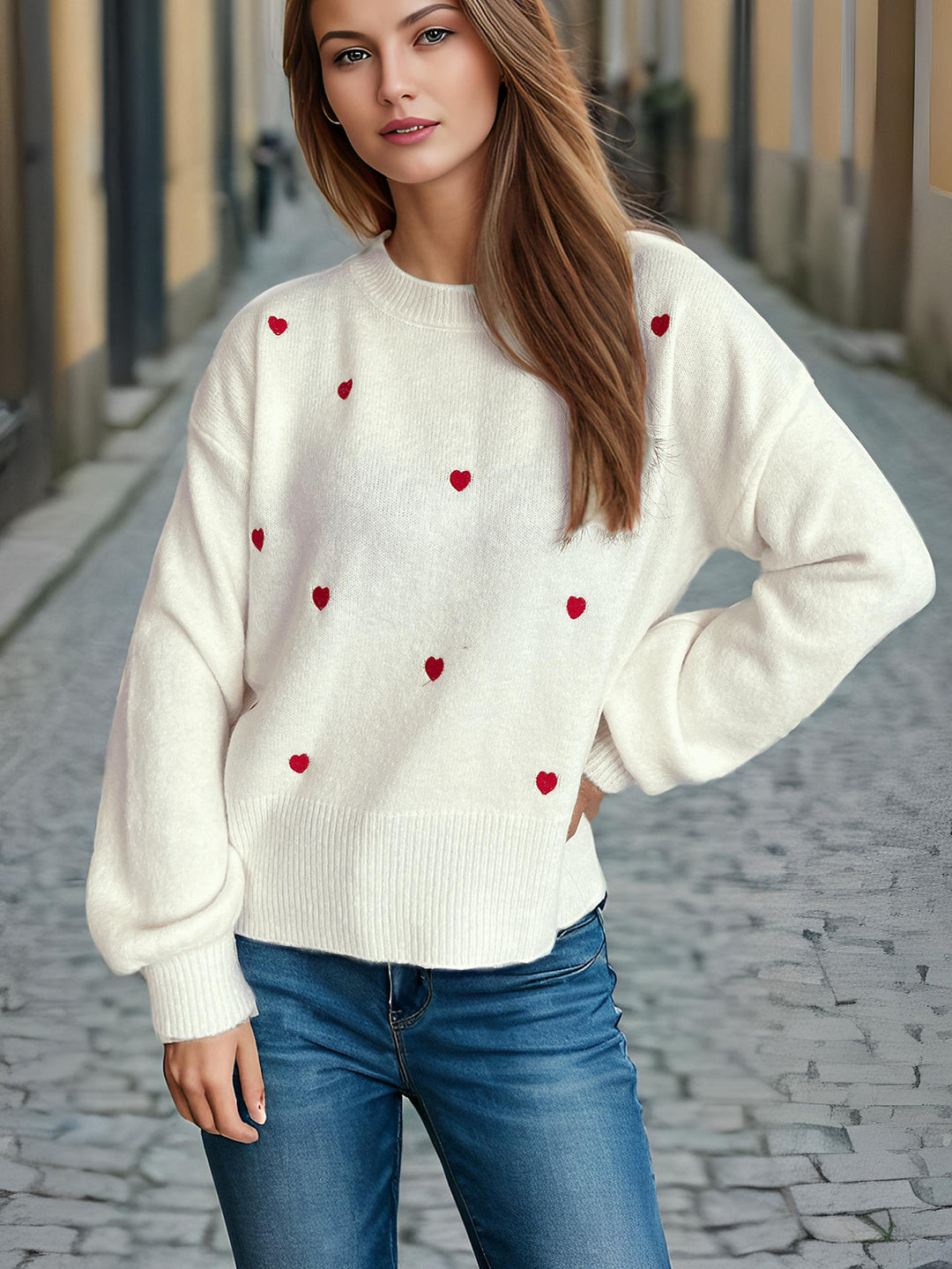 Kvinders sweater med legesyg hjerte mønster og afslappet pasform Stilla