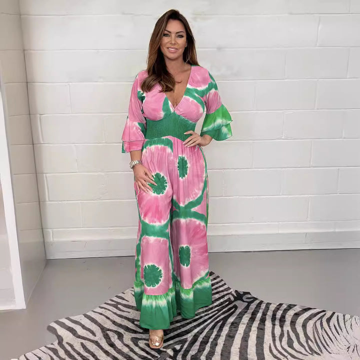 Dame Flydende Bredbenet Maxi-Jumpsuit med Livligt Batikdesign Stilla