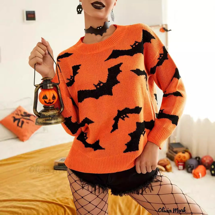 Kvinders Halloween sweater med sjov flagermusmønster Stilla