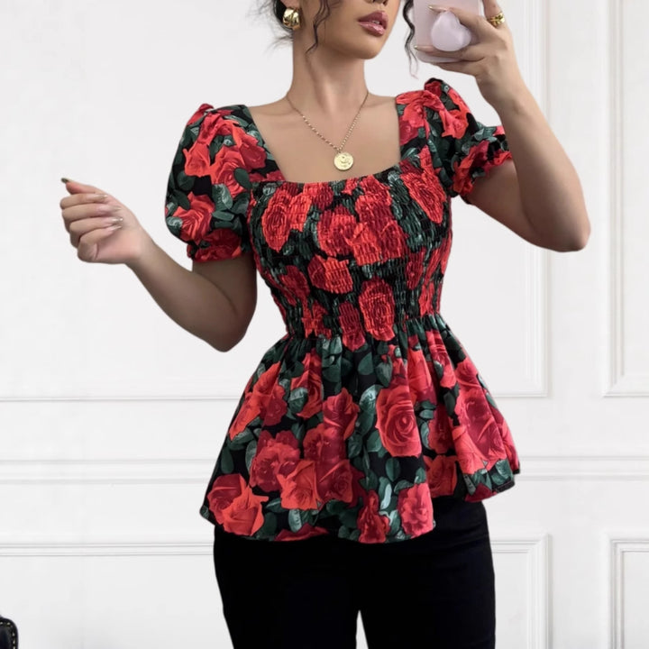 Dame Sommer top med puffærmer og blomstermønster Stilla