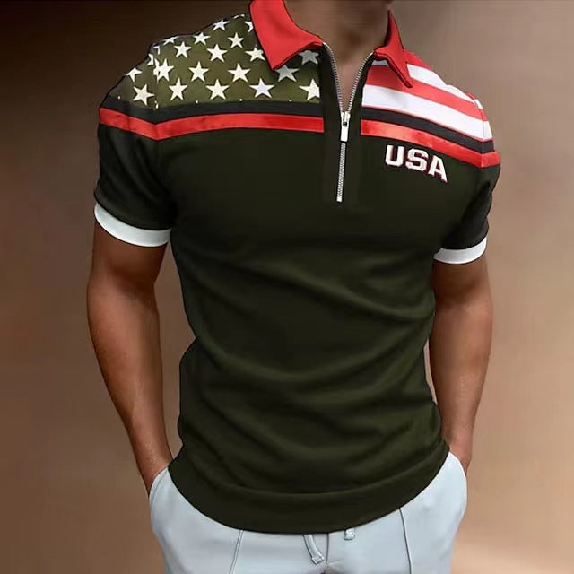 Herrer Zip-Up Performance Polo-Shirt med amerikansk flag-applikation Stilla