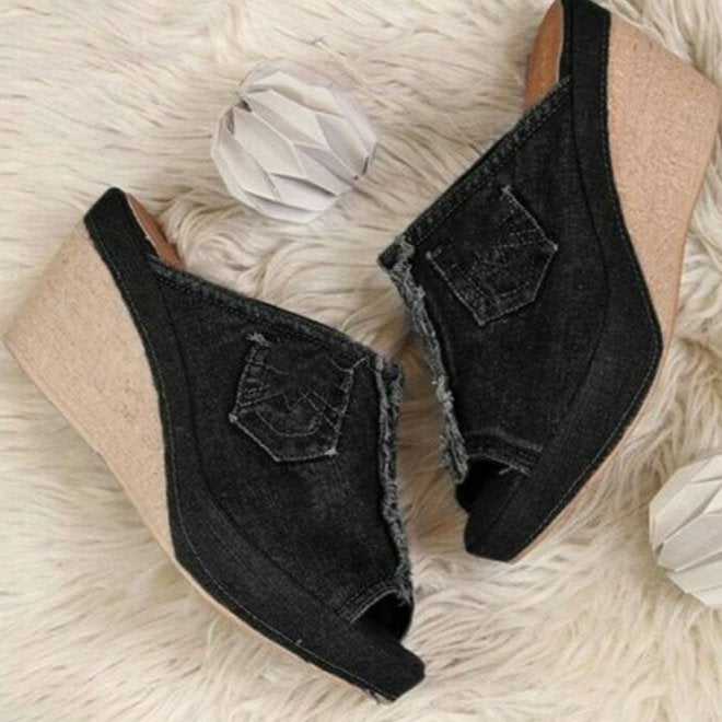 Dame Wedge-Pantoletten i jeanslignende materiale med dekorative lommer Stilla