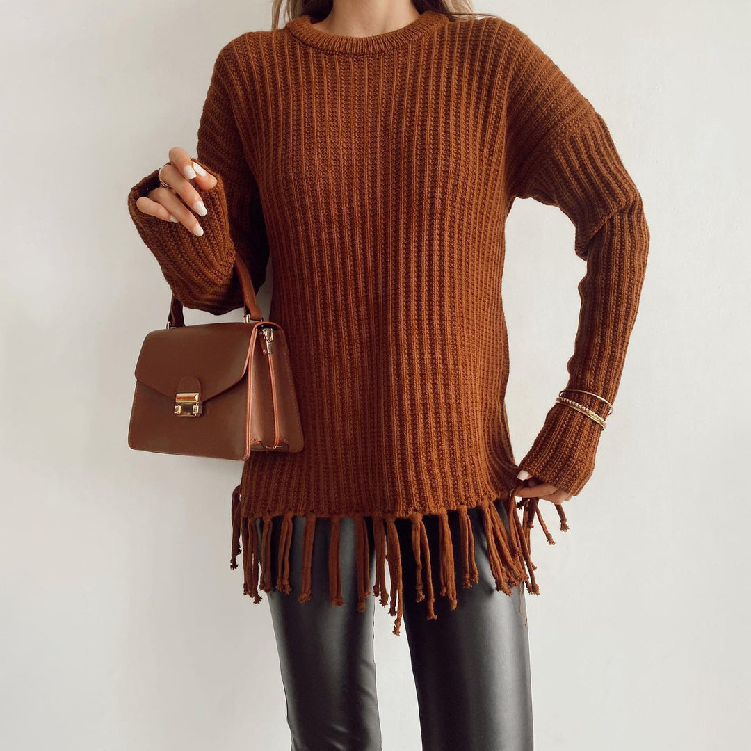 Kvinders casual strikket sweater med frynser og bred pasform Skovae