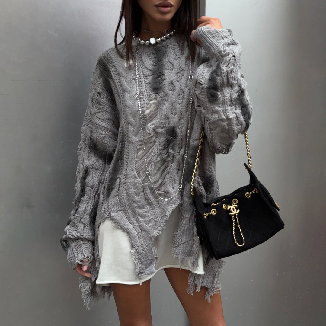 Kvinders chunky strikket oversized sweater med frynser Stilla