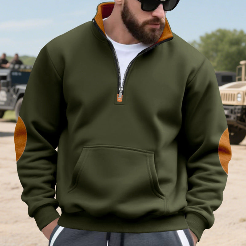 Herren nan isoleret halvzip-pullover med ståkrave fleece-foring kængurulomme og suede albue-patches Skovae