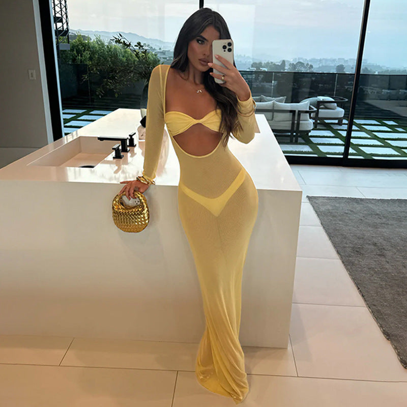 Dame elegant Bodycon-kjole med langt ærme og udskæringer Skovae