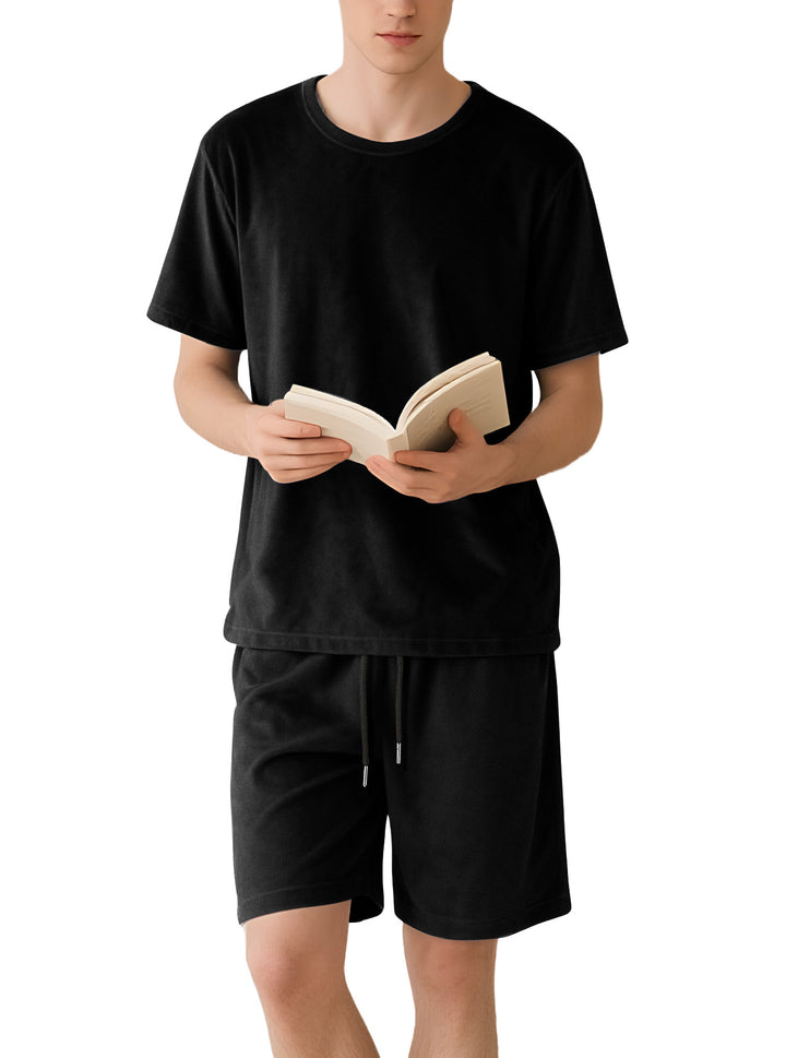 Herren nan Samtvelours Lounge-Sæt med Rundhals-Kortærmet T-shirt og Snorshorts Skovae