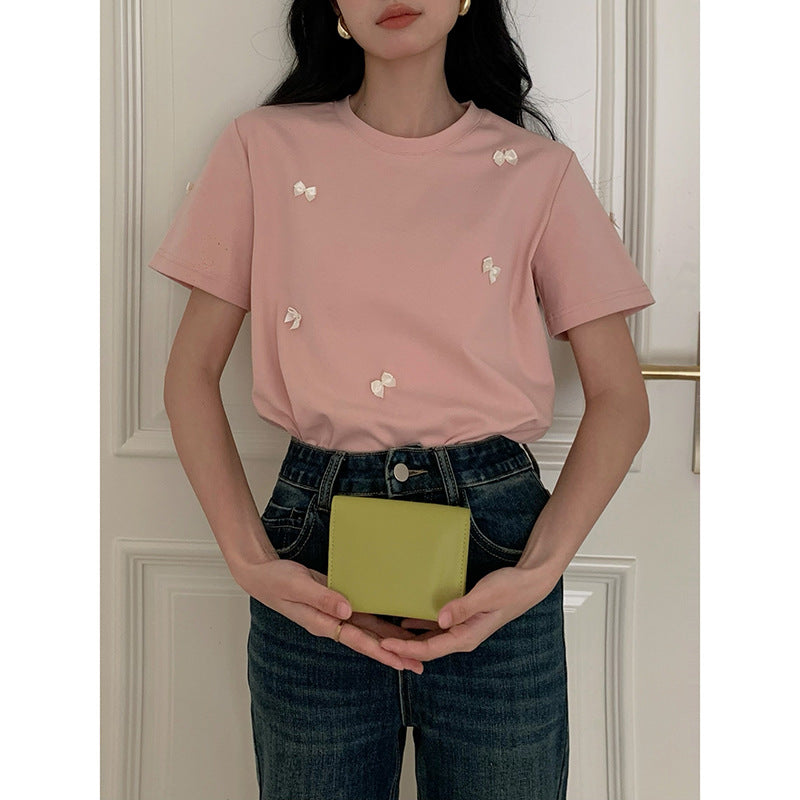 Dame T-shirt med søde sløjfeapplikationer og rund udskæring Stilla