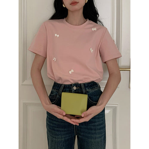 Dame T-shirt med søde sløjfeapplikationer og rund udskæring Stilla