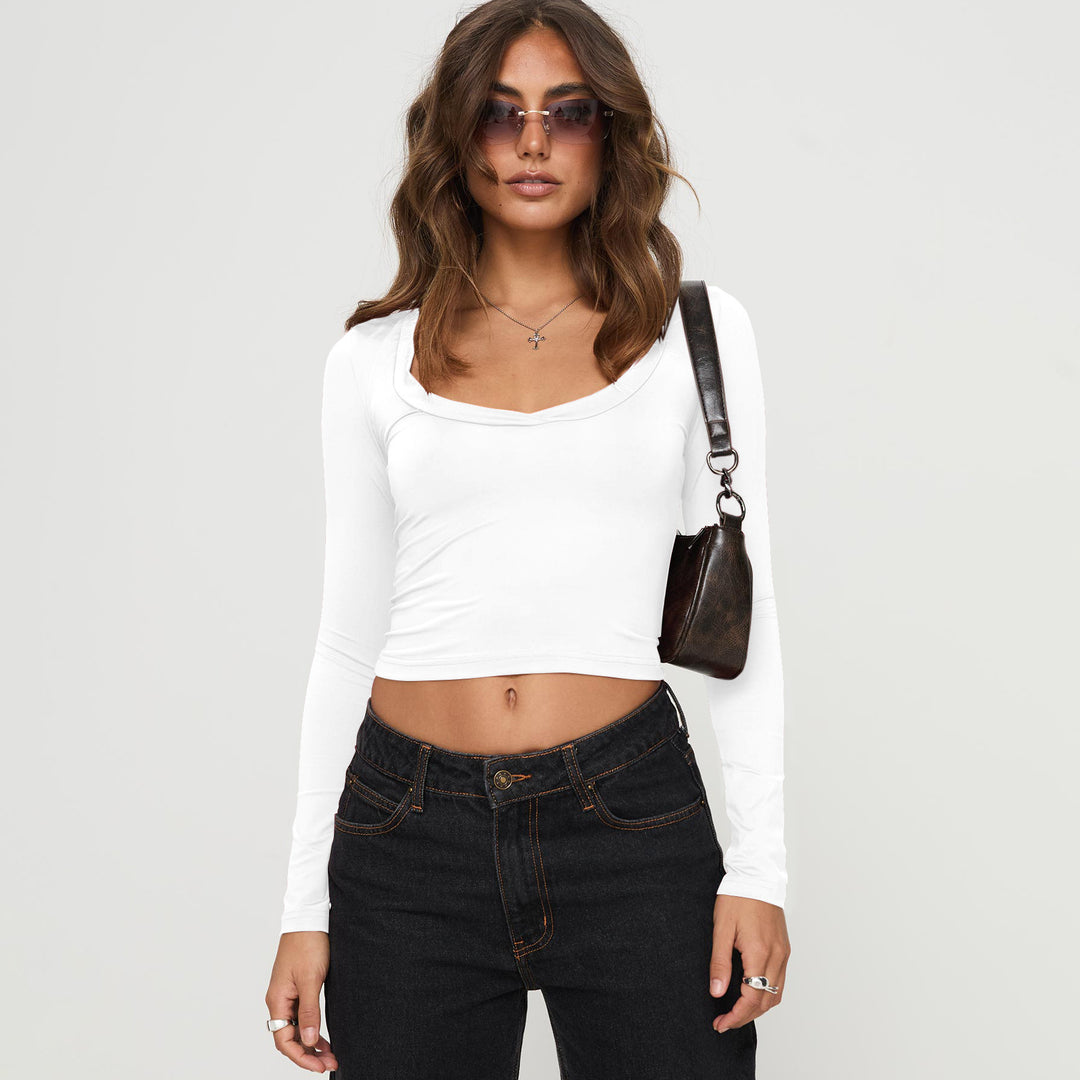 Dame højtaljede cropped top med kvadratisk brystudskæring og lange ærmer Stilla