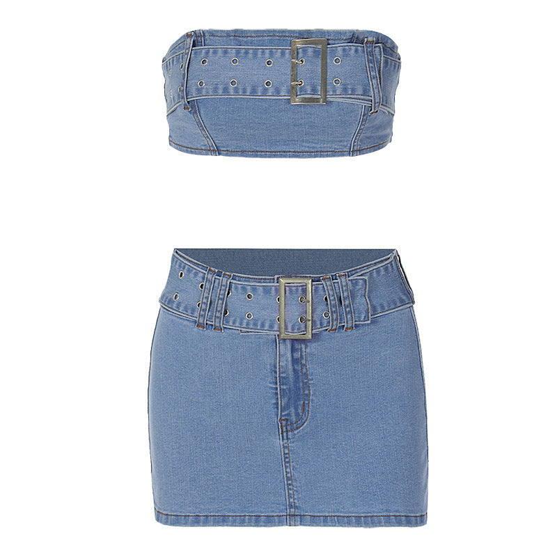 Dame Denim Sæt med åben top og miniskørt Stilla
