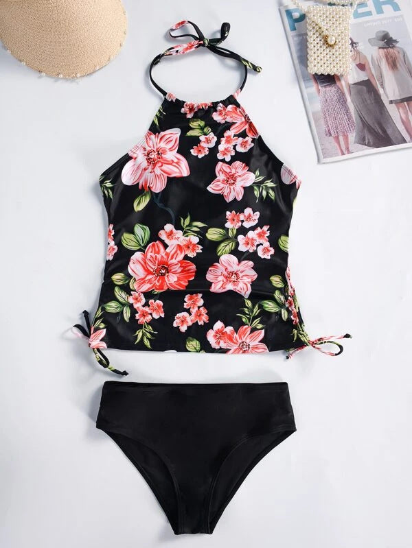 Damer Snittet Tankini med blomstret design og justerbare stropper Skovae