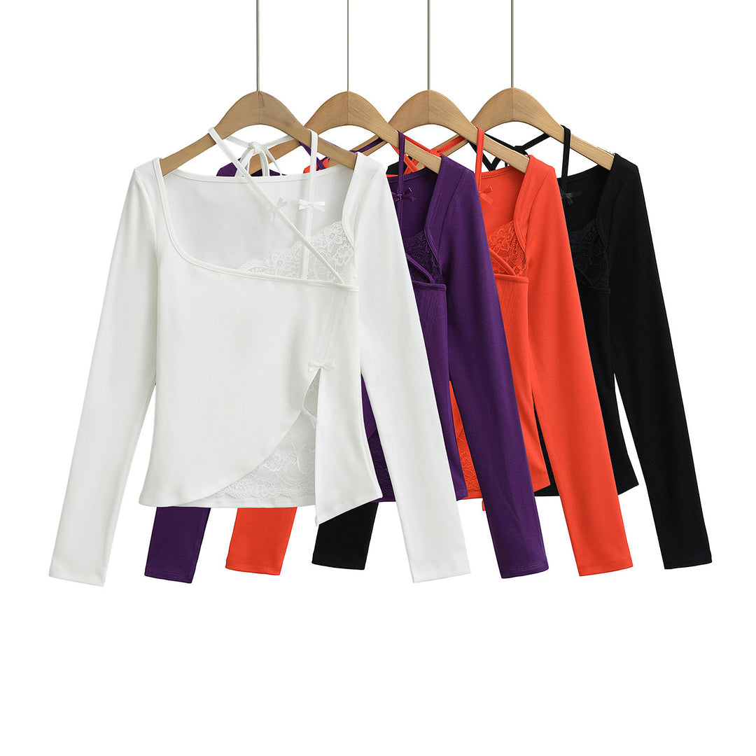 Damer elegant langærmet skjorte med off-shoulder design og delikate spids detaljer Stilla