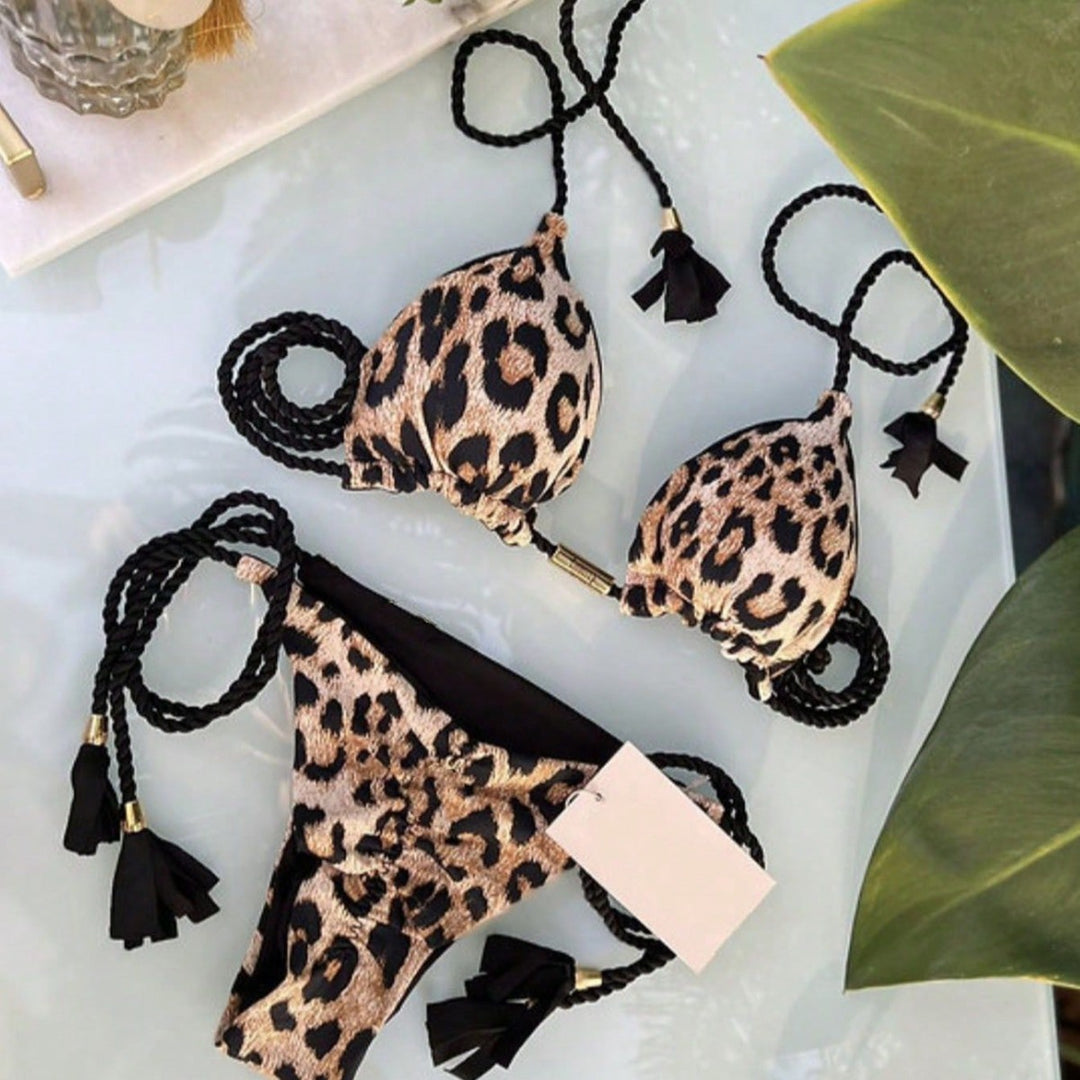 Dame Triangel-Bikini-Sæt med elegant leopardmønster og justerbare snore Stilla