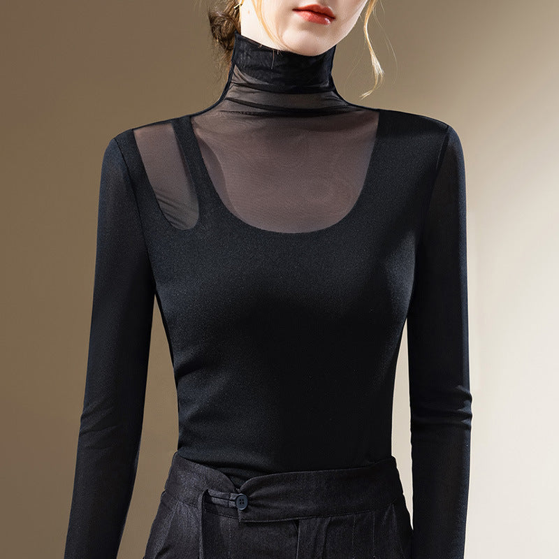Dame langærmet skjorte med transparente indsatser og elegant ståkrave Stilla