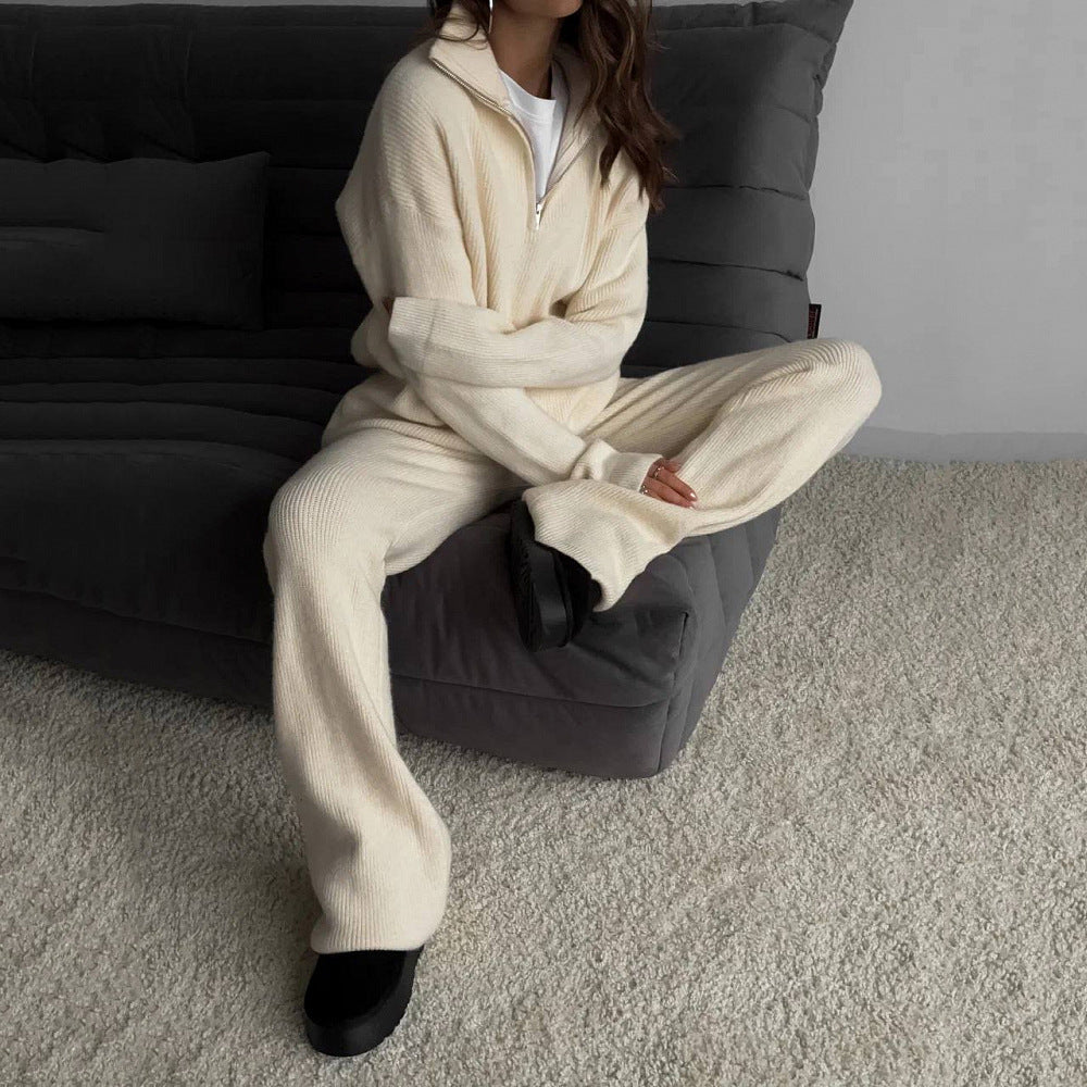 Kvinders komfortable strikket pullover med halv lynlås og ribbet design Skovae