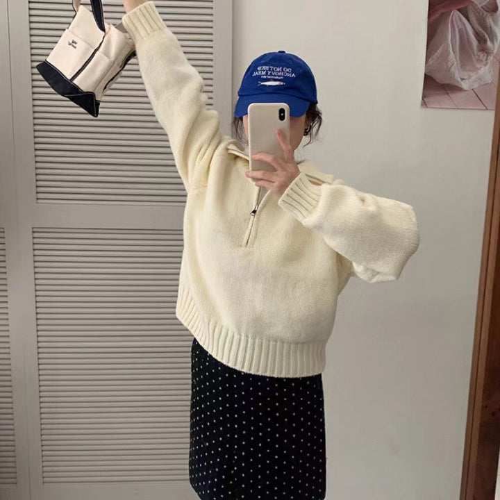 Kvindernes hyggelige strikkede sweater med høj krave og lynlås