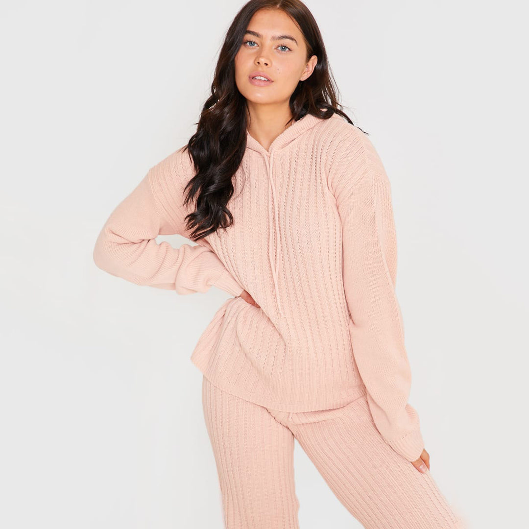 Damer Strik Loungewear Sæt med Hætte og Løs Pasform Skovae