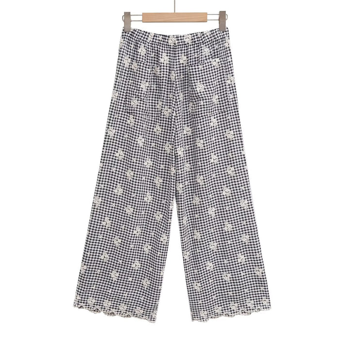 Dame bred gulerodsbukser med floralsk gingham-mønster og elegant kantdekoration Skovae