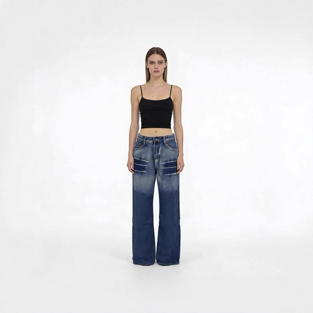 Dame brede højskårede jeans med særlig vaskeeffekt Skovae
