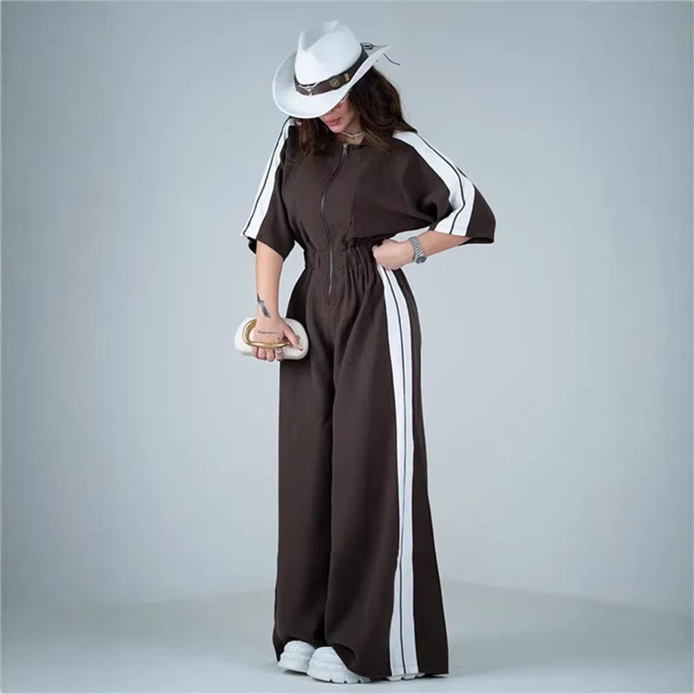 Kvinders lang jumpsuit med talje og kontraststriber