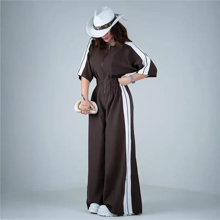 Kvinders lang jumpsuit med talje og kontraststriber
