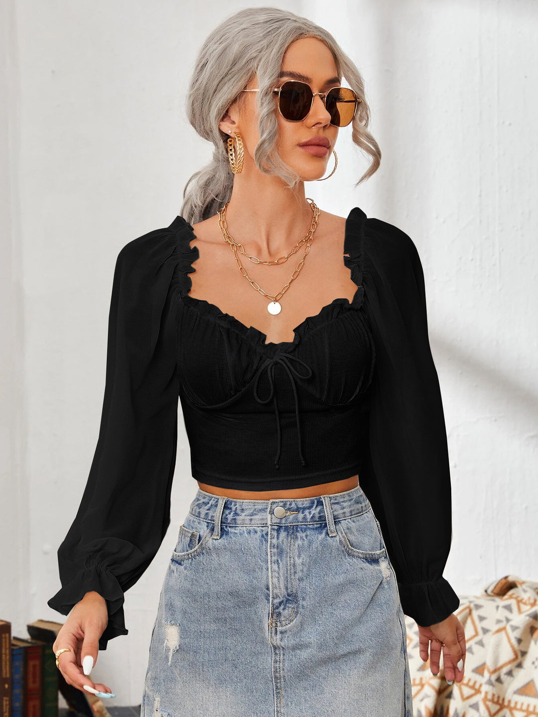 Dame Cropped-bluse med rynker og elegante puffærmer Skovae