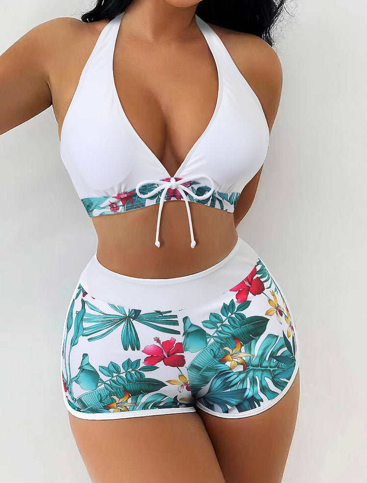 Dame Triangel-Bikini med blomsterdesign shorts