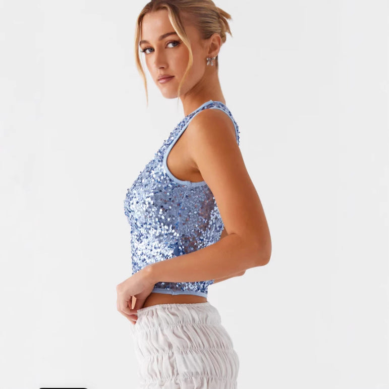 Kvinder Glitrende Crop Top med Høj Hals Design og Funklende Pailletter Skovae