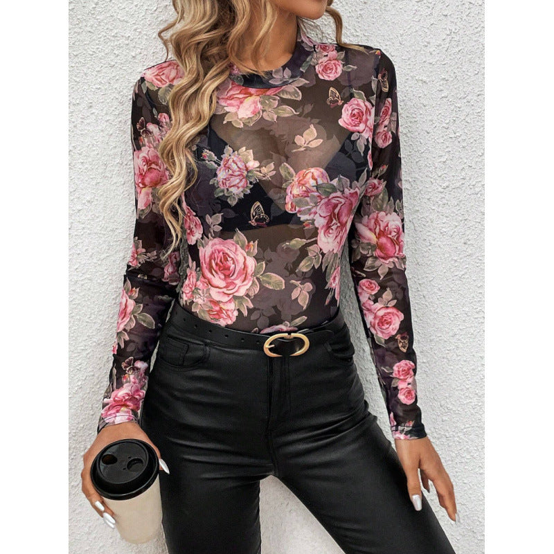 Dame Transparent Bluse med florale detaljer og lange ærmer Skovae